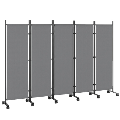 Outsunny Separador de ambientes 5 piezas 252 x 40 cm Biombo independiente con 12 ruedas Plegable Mampara separadora DIY Gris oscuro