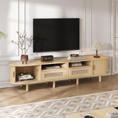 Modern TV Stand with 2 Drawers, 2 Sliding Doors & 8 Solid Wood Legs, 170L x 40W x 40H cm, Oak