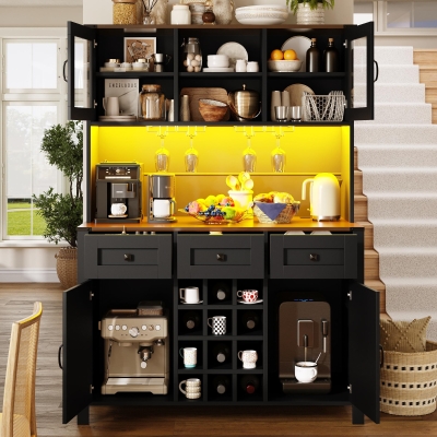Tall Kitchen Cabinet with Integrated Power Strip and Wine Glass Rack, 120L x 40W x 170H cm, Black