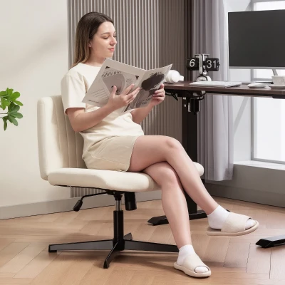 HOMCOM Fotel do pracy w domu, regulowany fotel obrotowy z materiałem imitującym len, fotel do siedzenia z założonymi nogami, do 120 kg, kremowy