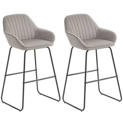 HOMCOM Bar Stools Set of 2, Velvet Upholstered Breakfast Barstools with Footrest and Armrest, Kitchen High Stools with Metal Legs for Home Bar, Kitchen Islands, Grey