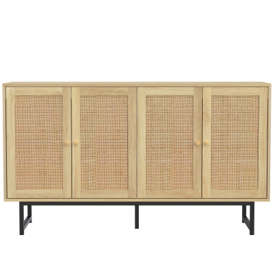 Sideboard mit Rattangeflecht, 4 Türen, verstellbare Böden, Metallbeine, 140 x 39,5 x 80 cm, Naturfarbe