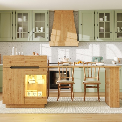 Versatile Kitchen Island with Extendable Table and 2 Drawers, 122-195L x 70W x 93.5H cm, Wood