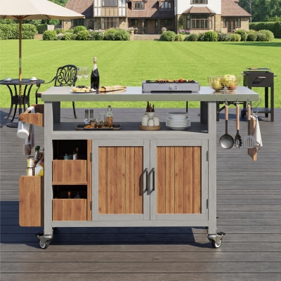 Weatherproof Serving Trolley with Extendable Side Shelf, 100-138L x 47W x 92H cm, Natural
