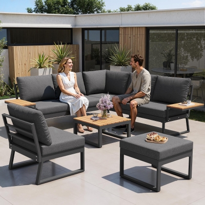 L-Shaped Garden Sofa Set with Galvanised Iron Frame, 110L x 62W x 75H cm, Gray