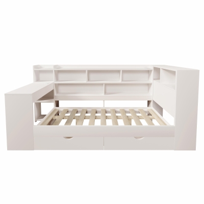 Multi-Functional Single Daybed with Bookcase & Computer Desk, 63L x 114W x 100H cm, White