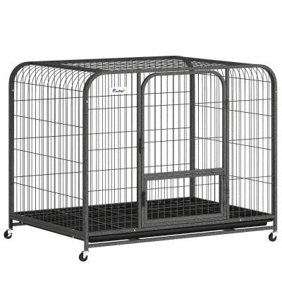 PawHut Jaula para Perros de Acero con Ruedas, 3 Puertas, Bandeja Extraíble y Cierre Seguro, Negro