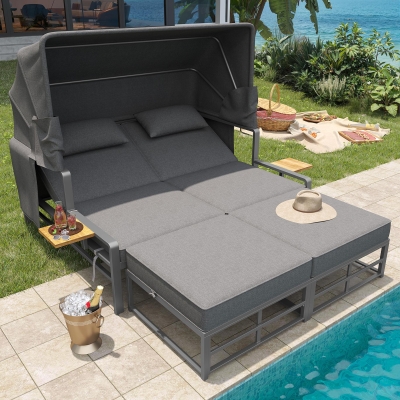 Convertible Garden Lounge Set with Double Reclining Lounger, 128L x 117W x 40H cm, Gray