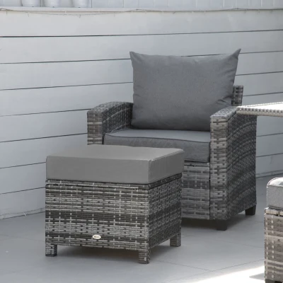 Outsunny Outdoor PE Rattan Footstool, Patio Wicker Ottoman with Cushion, for Backyard Garden Poolside Living Room 50 x 50 x 35 cm, Grey