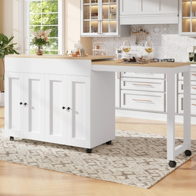 Modern Bar Table with 6 Adjustable Shelves and Storage Cabinet, 118-180L x 50W x 94H cm, White