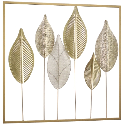 HOMCOM Décoration Murale Feuille Métal Moderne 70x70cm Doré