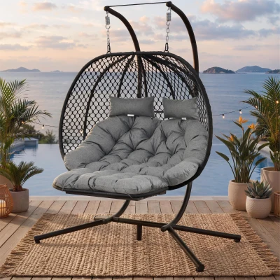 Eiförmiger Hängesessel mit Ständer, Schaukelstuhl mit verstellbarer Fußstütze, Gartenhängstuhl mit Sitzauflage & Kissen, 140 x 94 x 197 cm, Grau