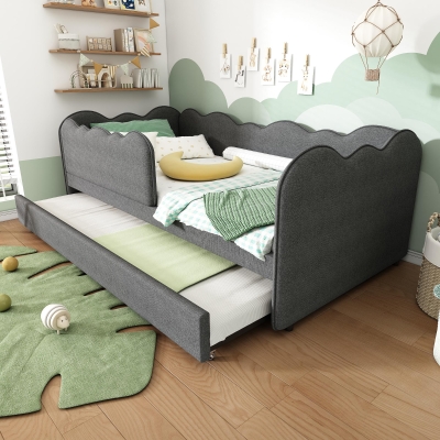 Upholstered Daybed with Pull-Out Trundle & Removable Front Rail, 197L x 99W x 70H cm, Grey