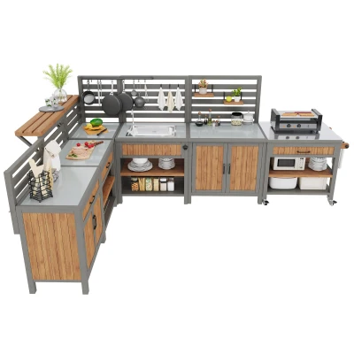 Outdoor BBQ Side Table with Stainless Steel Worktop, 404L x 134.5W x 148.5H cm, Natural