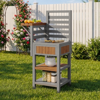 Wooden Garden Cabinet with Stainless Steel Worktop & 2-Tier Shelving, 74L x 54W x 149H cm, Natural
