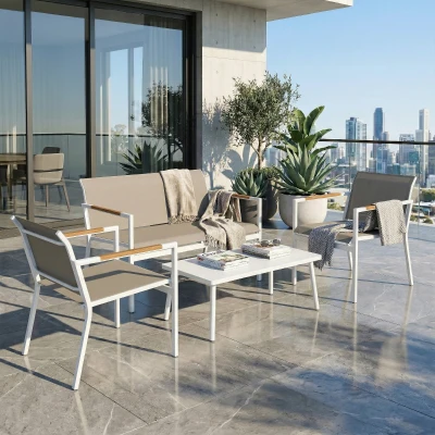 Outsunny 4-Seater Metal Garden Sofa Set Table Breathable Khaki