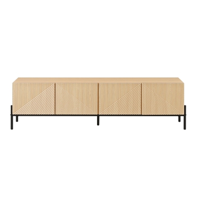 TV-Lowboard mit 4 Push-to-Open-Türen, Geometrisches Design, Metallgestell, 163,5 x 40 x 45 cm, Naturfarbe