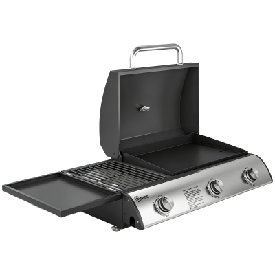 Outsunny Barbacoa de Gas BBQ Gas con 3 Quemadores 7,5 kW con Parrilla Plancha Estante Lateral Convertible Termómetro Negro