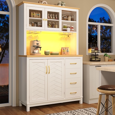 Stylish Sideboard with App-Controlled Built-In LED Light Strip, 105.5L x 40W x 180H cm, White