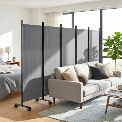 Outsunny Separador de ambientes 5 piezas 252 x 40 cm Biombo independiente con 12 ruedas Plegable Mampara separadora DIY Gris oscuro