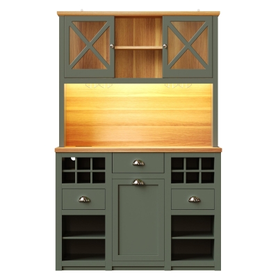 Tall Kitchen Cabinet with Glass Doors and LED Lighting, 120L x 45W x 188H cm, Antique Green