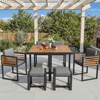 Modern 7-Piece Garden Dining Set with Stackable Chairs, 113L x 113W x 76H cm, Gray