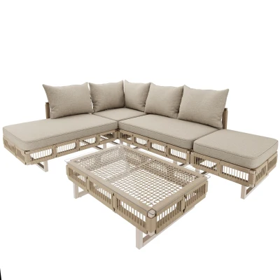 Rope-Woven Garden Sofa Set with 10 cm Thick Cushions, 225L × 167W × 62H cm, Beige