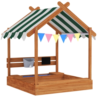 Outsunny Arenero Infantil con Toldo 6 Banderines 2 Bandejas Grifo y Pizarra en Forma de Casa para Patio 124x116x146 cm Naranja