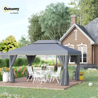 Outsunny 3 x 4m Aluminium Garden Gazebo, Marquee Canopy Shelter Pavilion Party Tent with Nets and Curtains for Garden and Deck, Grey