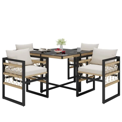 Hand-Woven Garden Sofa Set with Foam Cushions, 110L x 110W x 74H cm, Beige+Black