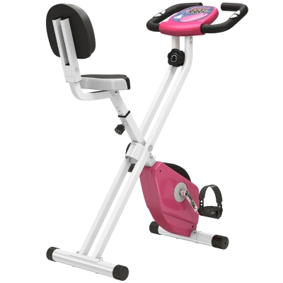 HOMCOM Heimtrainer Fahrradtrainer klappbar Magnetisch Hometrainer Fahrrad mit LCD Monitor, 8 stufig einstellbarem Magnetwiderstand Räder, Leise Platzsparend Fitnessbikes für Zuhause Rosa+Weiß