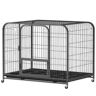 PawHut Cage Chien Acier Noir 3 Portes Roulettes Plateau Amovible