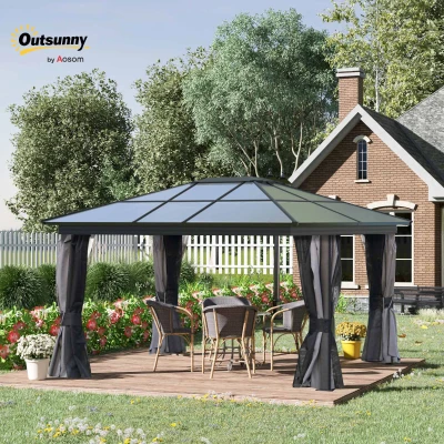 Outsunny 3.6 x 4m Hardtop Gazebo Canopy with Polycarbonate Roof, Aluminium Frame, Permanent Pavilion Garden Gazebo with Netting and Curtains for Patio, Deck, Dark Grey