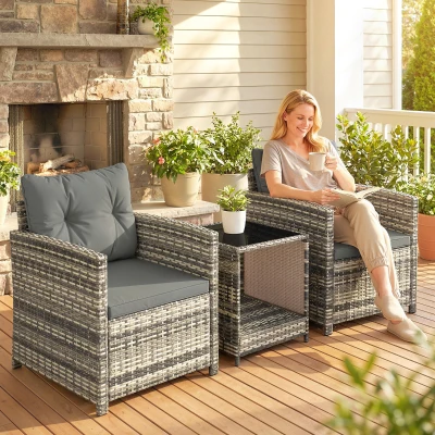 Outsunny Salon Jardin 3P Résine Tressée Table 2 Fauteuils Gris