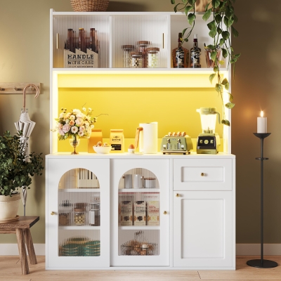 Stylish Kitchen Cabinet with App-Controlled LED and Music-Sync Lighting, 120L x 35W x 167H cm, White