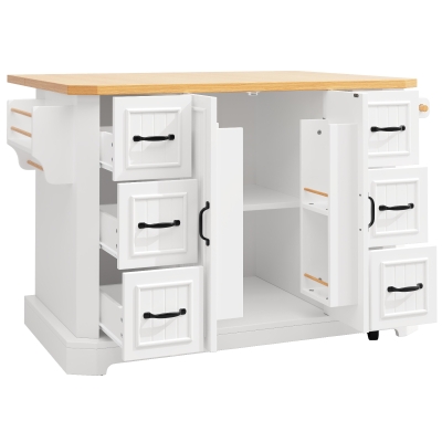 Mobile Kitchen Island with 2 Doors, 6 Drawers and Wood-Effect Worktop, 120L x 45W x 91H cm, White