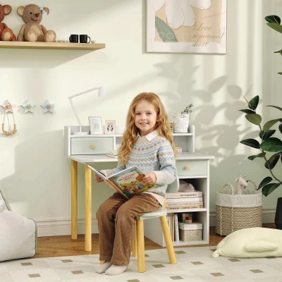 AIYAPLAY Juego de Escritorio Infantil con Silla Pupitre Infantil con Cajones Compartimento y Estantes Verde Claro y Blanco