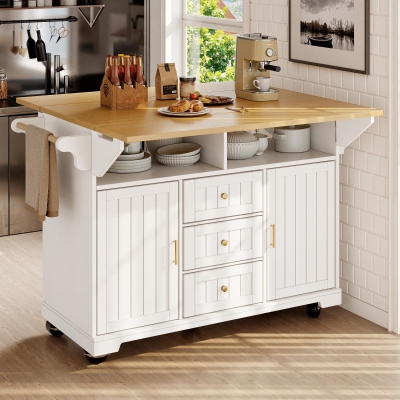 Extendable Kitchen Island with 3 Drawers, 2 Doors & Adjustable Shelves, 120L x 40-80W x 95H cm, White
