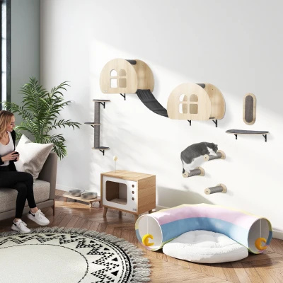 PawHut Cat Wall Shelves, 7 Piece Cat Shelf Set with Dual Condo with Ladder, Jumping Platform, Perch, Sisal Scratching Posts & Board, Kitty Playground Activity Centre, Oak