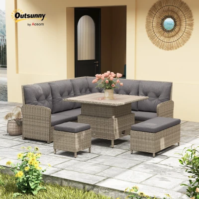 Outsunny 6 Pieces Outdoor PE Rattan Garden Furniture, Patio Wicker Sectional Conversation Corner Sofa w/ Soft Padded Cushion & Liftable Coffee Table, Light Grey