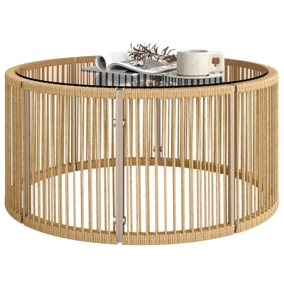 Outsunny Table d'Appoint Polyrattan Brun Verre Trempé 70x70x33 cm