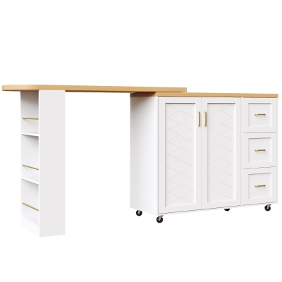 Multifunctional Kitchen Island for Dining & Living Areas, 135-228L x 39W x 104H cm, White