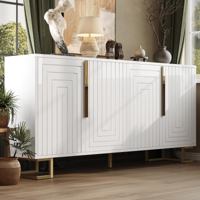 Stylish Sideboard with 2 Doors, 4 Shelves and Geometric Door Design, 152L x 40W x 75H cm, White