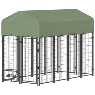 PawHut Enclos Chien Acier Extérieur Toit Oxford Vert 2 Bols