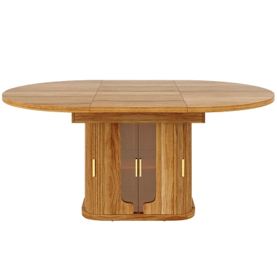 Extendable Dining Table with Hidden Storage and Glass Doors, 118-158L x 118W x 77H cm, Walnut