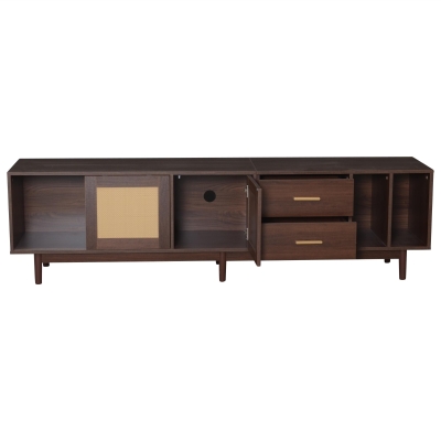 Stylish TV Stand Cabinet with Rattan Sliding Doors & 2 Drawers, 190L x 40W x 52H cm, Wood