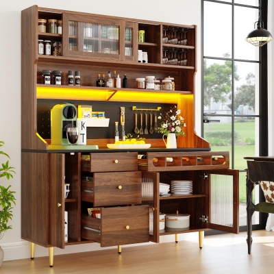 Stylish Highboard with LED Lighting & App Control, 145L x 39W x 171H cm, Walnut