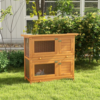 PawHut 2-Tier Wooden Rabbit Hutch Guinea Pig Hutch Duck House Double Decker Pet Cage with Sliding Tray