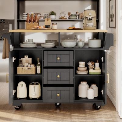 Extendable Kitchen Island with 3 Drawers and Adjustable Shelves, 120L x 40-80W x 95H cm, Black