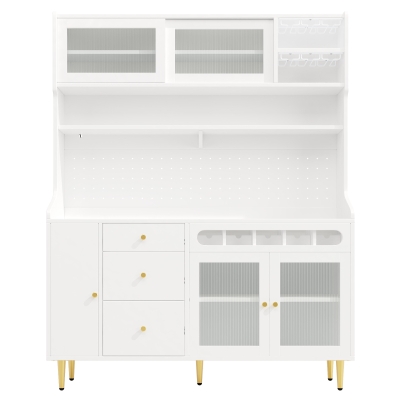 Freestanding Highboard with LED Lighting & Pull-Out Wine Rack, 145L x 39W x 171H cm, White